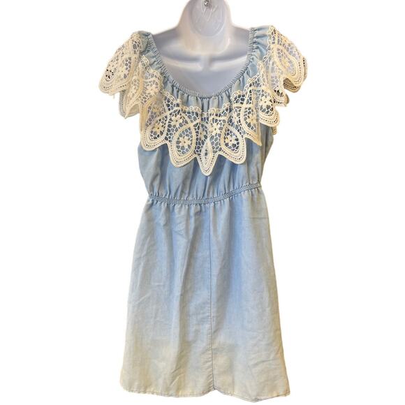 Iris Women’s Dress Cornflower Blue with White Lace Cinched Waist Size Large - Picture 2 of 3